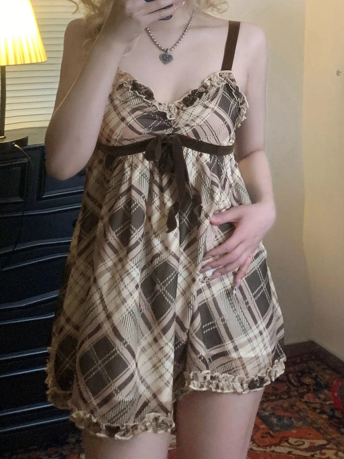 Sweet Plaid Bow Cute Simple Camisole Dresses Tops Fashion All-Match Retro Women Home Clothing