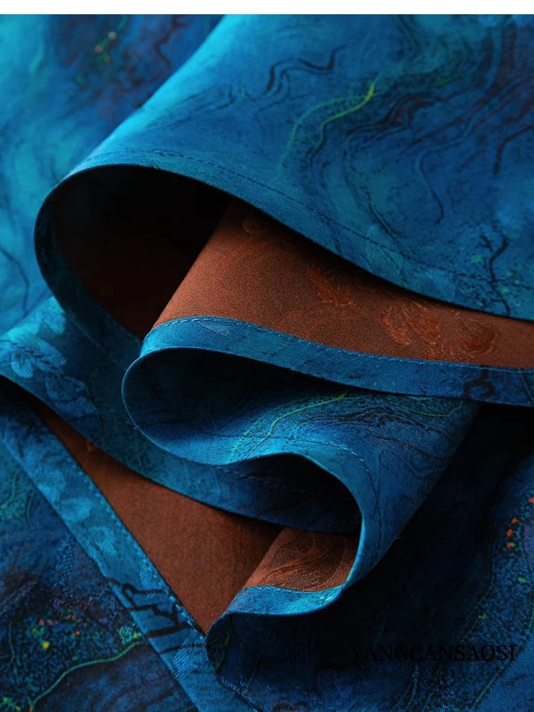 2025 Women's Fashion Spring New 100% Natural Mulberry Silk HuaLuo Gambiered Guangdong Gauze Slant Cut Slim Blue Big Swing Skirt