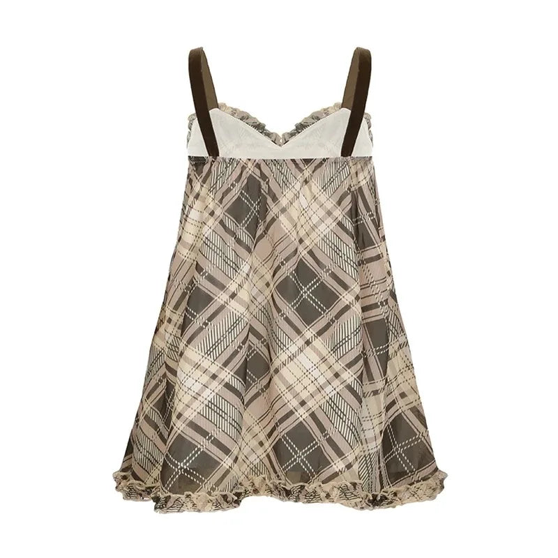 Sweet Plaid Bow Cute Simple Camisole Dresses Tops Fashion All-Match Retro Women Home Clothing