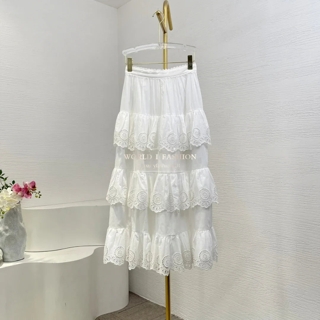 2025 New Fashion Pink/ White Floral Print Embroidery Cascading Layered Ruffles Frilled Midi Skirt