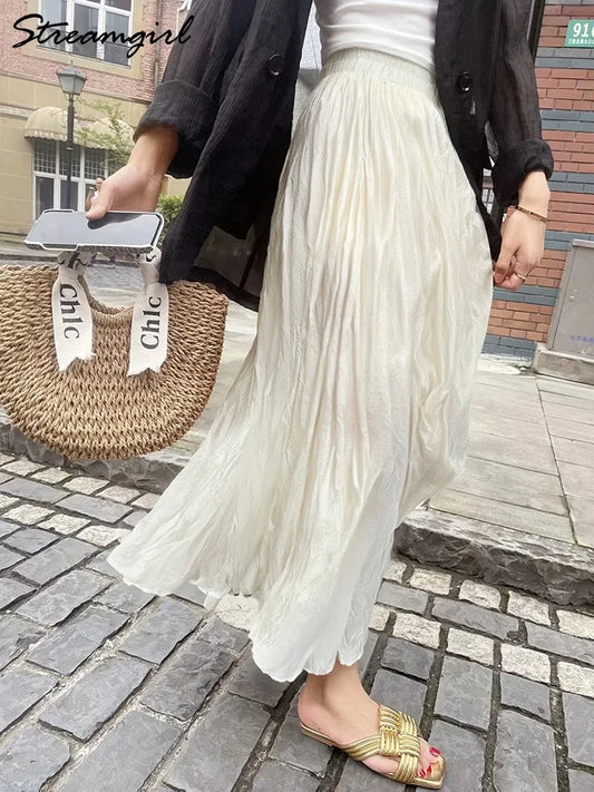 Streamgirl Women Summer Skirts Long Pleated A Line Elegant Solid Big Swing Maxi Skirt Ladies Blue White Beach Skirt Women Luxury