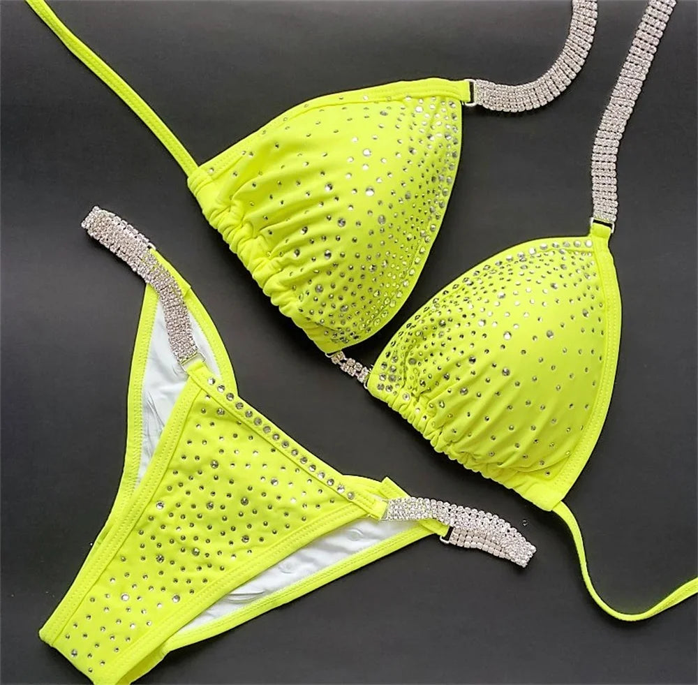 NPC IFBB Competition Bikini Posing Suit for Women Rhinestone Connectors Scrunch Bikini