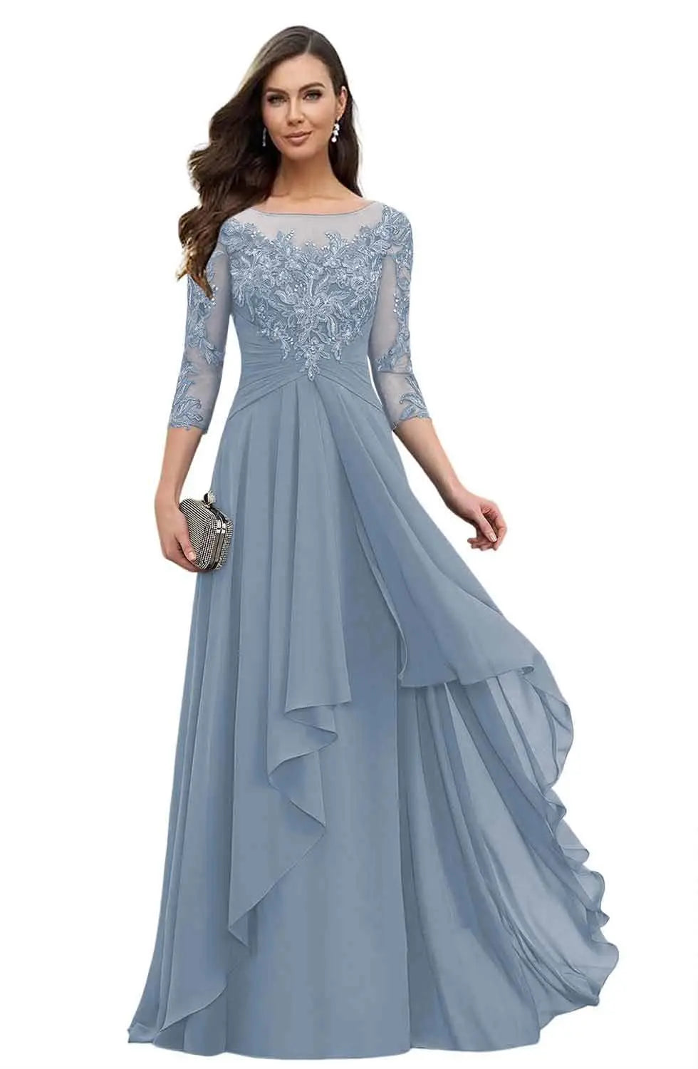 Women's Elegant Lace Mother of The Bride Dresses Scoop Neck Chiffon Ruffles Formal Evening Gowns A-Line Wedding Guest Gowns