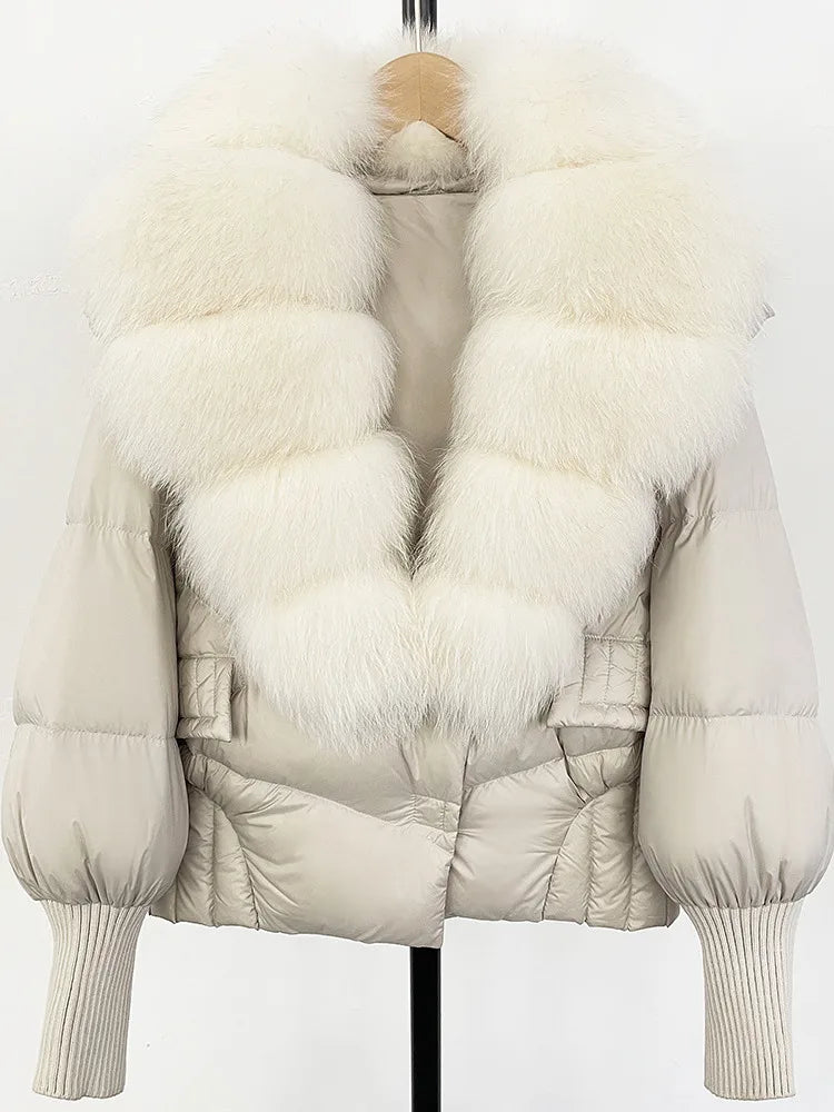 ZMEENNA Women's Black Puffer Down Jacket With Large Real Fur Collar Short Warm Winter Coat Knit Cuffs Elegant Outerwear ZM3377