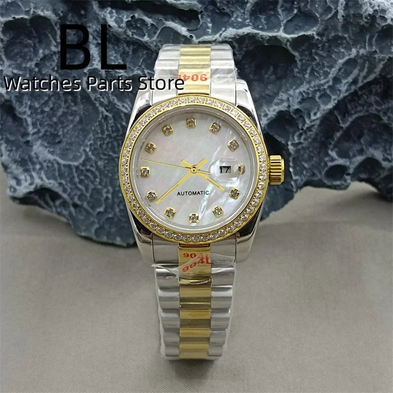 BLIGER 31mm NH05 Automatic Watch For Women Pink Gold Gray Purple Sunburst White Mother Pearl Dial Diamond Index Steel Bracelet