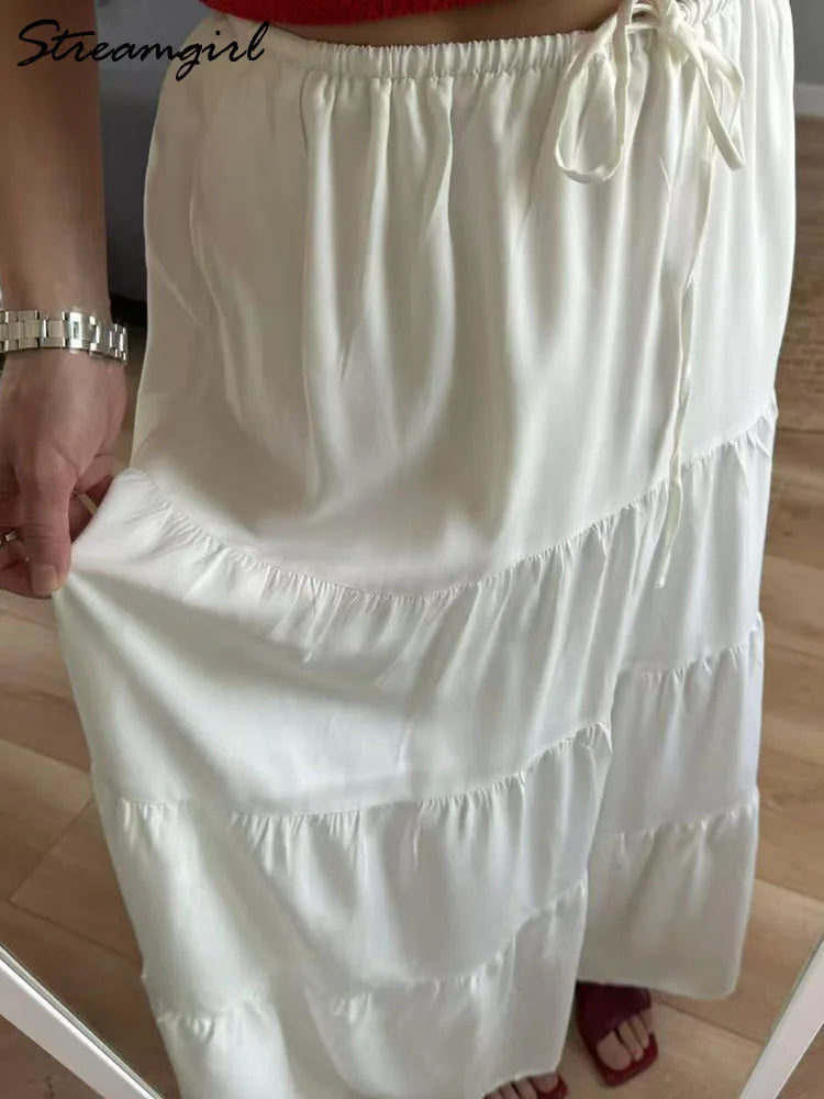 Brown Long Skirt Women Summer Cotton Ruffle Floral Skirt Woman Luxury Green Tie Up Loose White Women Long Skirts High Waisted