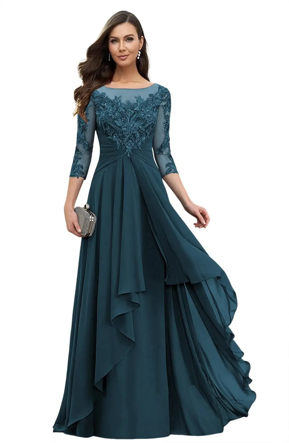 Women's Elegant Lace Mother of The Bride Dresses Scoop Neck Chiffon Ruffles Formal Evening Gowns A-Line Wedding Guest Gowns