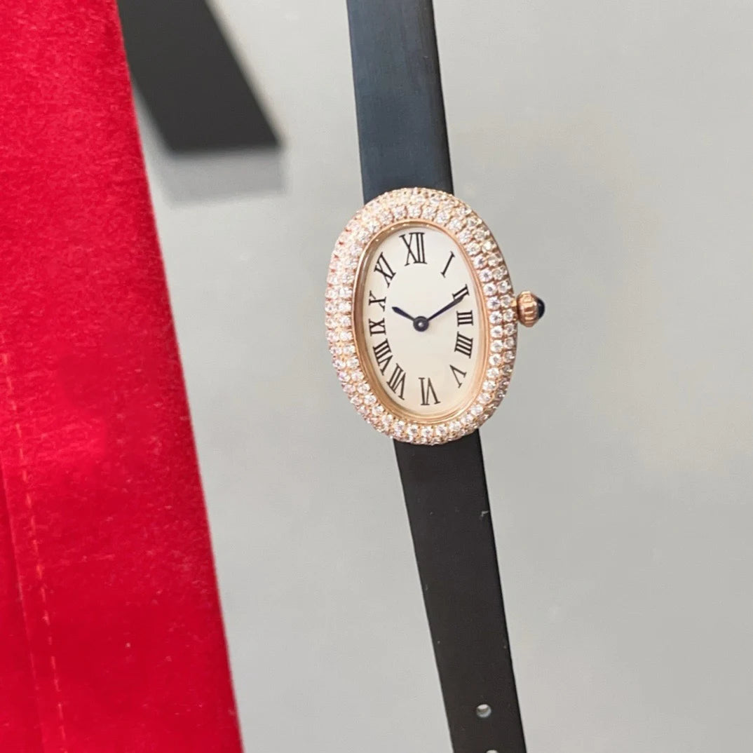 Brand Wrist Watches Woman Girl High Quality 23mm Diamond Oval Style Japanese Quartz Movement Leather Strap Clock CT80