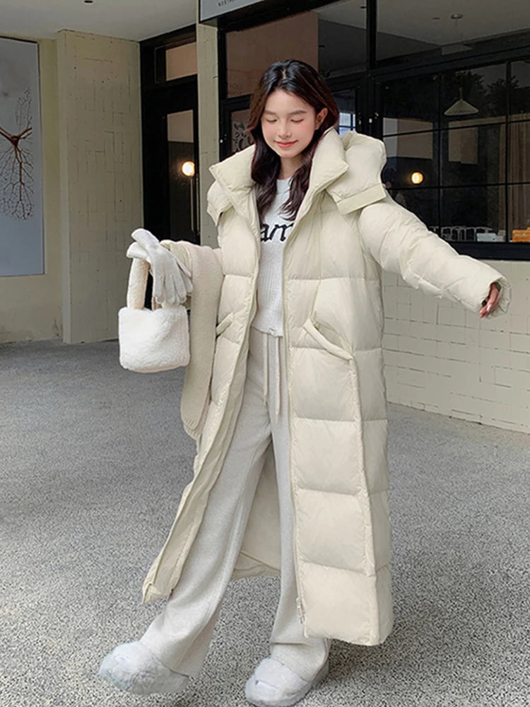 Winter 90 White Duck Down Long Hooded Down Jacket for Women Maillard -15° Thick Warm High-quality Solid Knee Length Down Jacket