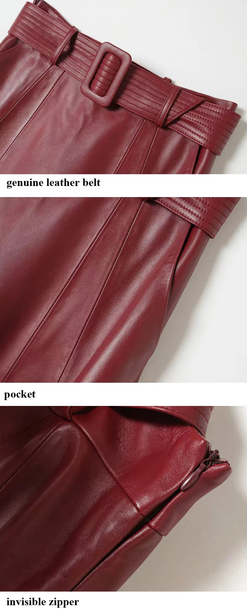 Burgundy Long Leather Skirt for Women 2025 Branded New French Elegant Genuine Sheepskin Umbrella Longuette With Belt Jupe Femme
