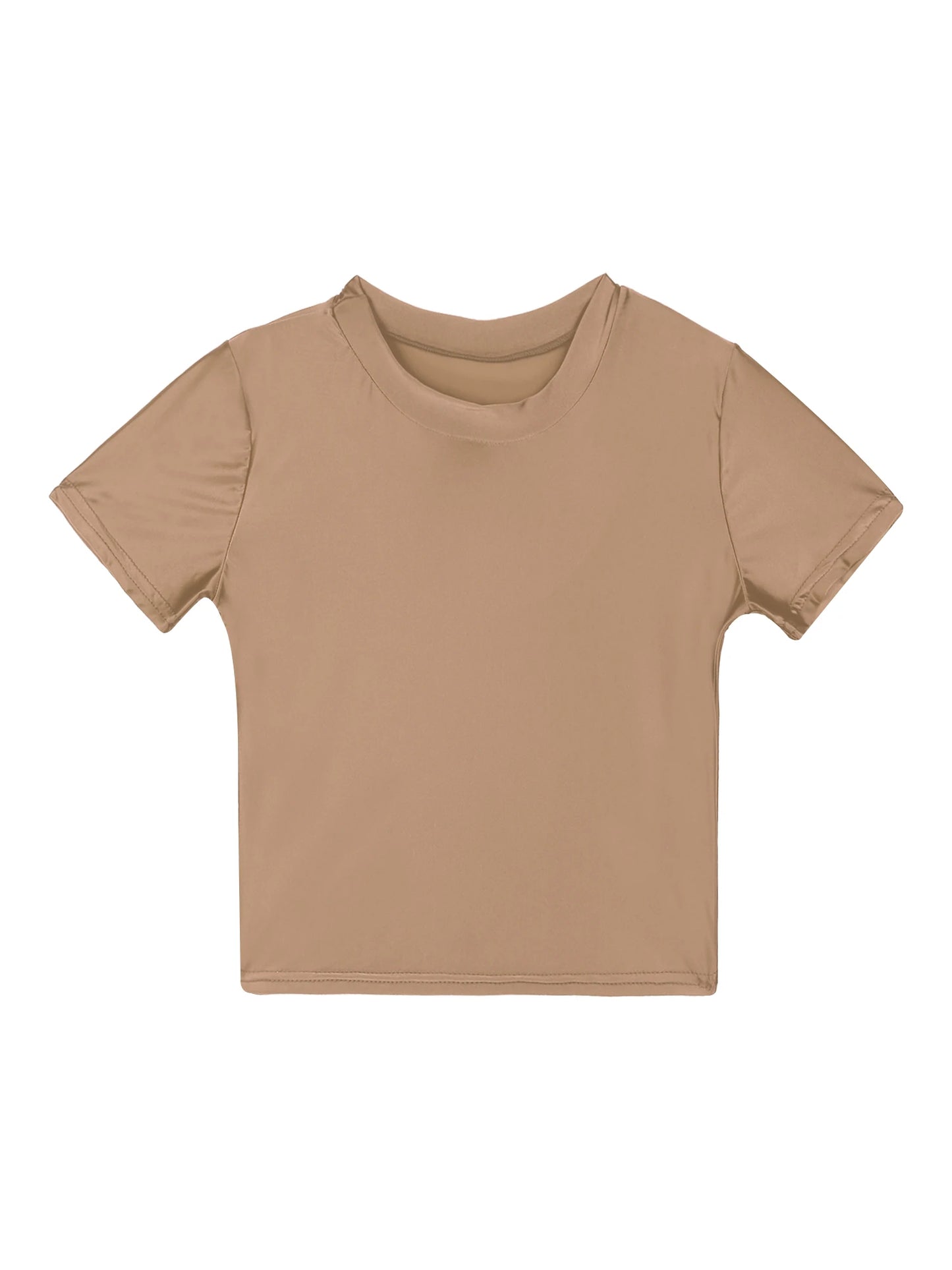 Women Glossy Short Sleeve Crop Tops Solid Round Neck Slim Fit Smooth T-shirt Summer Swimwear Swimsuit Sportswear Beachwear