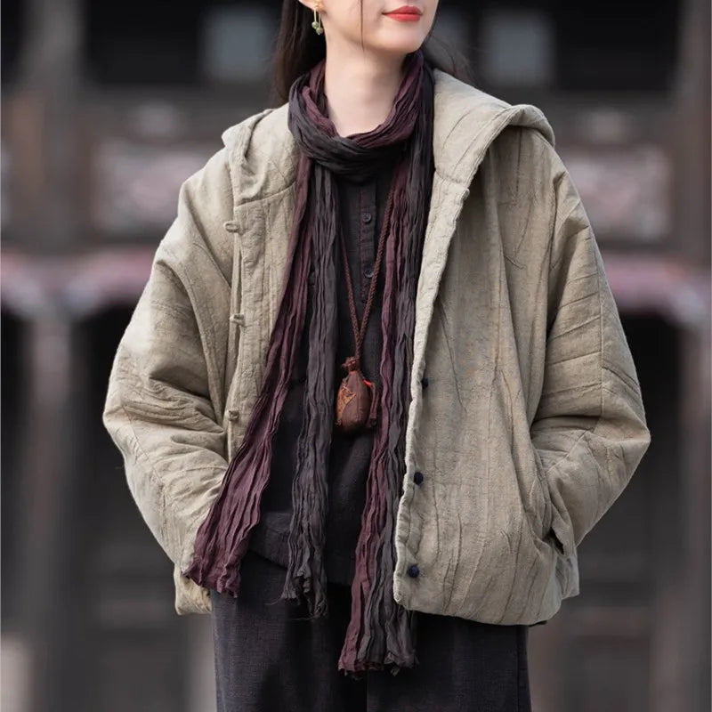 Johnature Women Vintage Cotton Ramie Hooded Parkas Button Long Sleeve Warm Coats 2025 Winter New Chinese Style Women Parkas