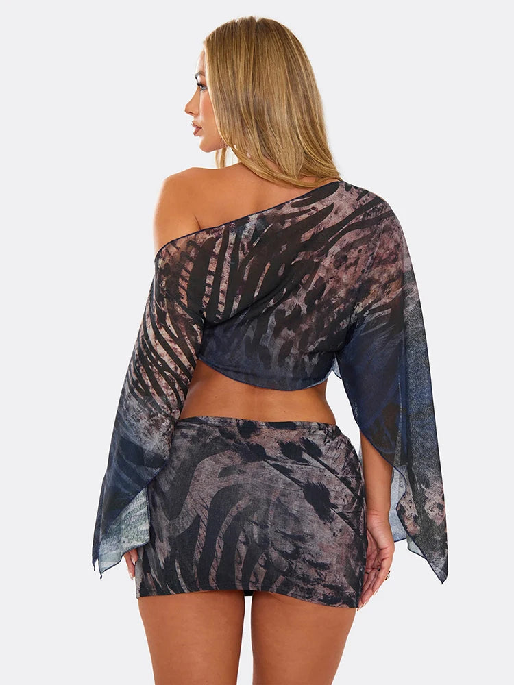 Weird Puss Y2K 2 Piece Set Women Tiger Str Slanted Shoulder Split Sleeve Mesh Crop Tops+Peach Hip Skirts Matching Street Outfits