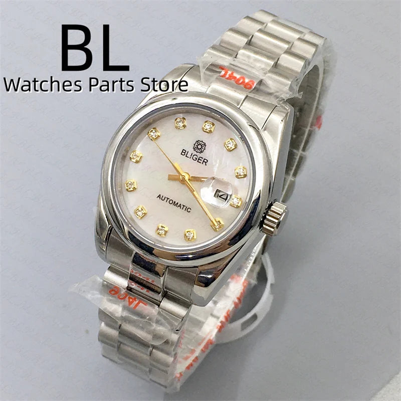 BLIGER 31mm NH05 Automatic Watch For Women Pink Gold Gray Purple Sunburst White Mother Pearl Dial Diamond Index Steel Bracelet
