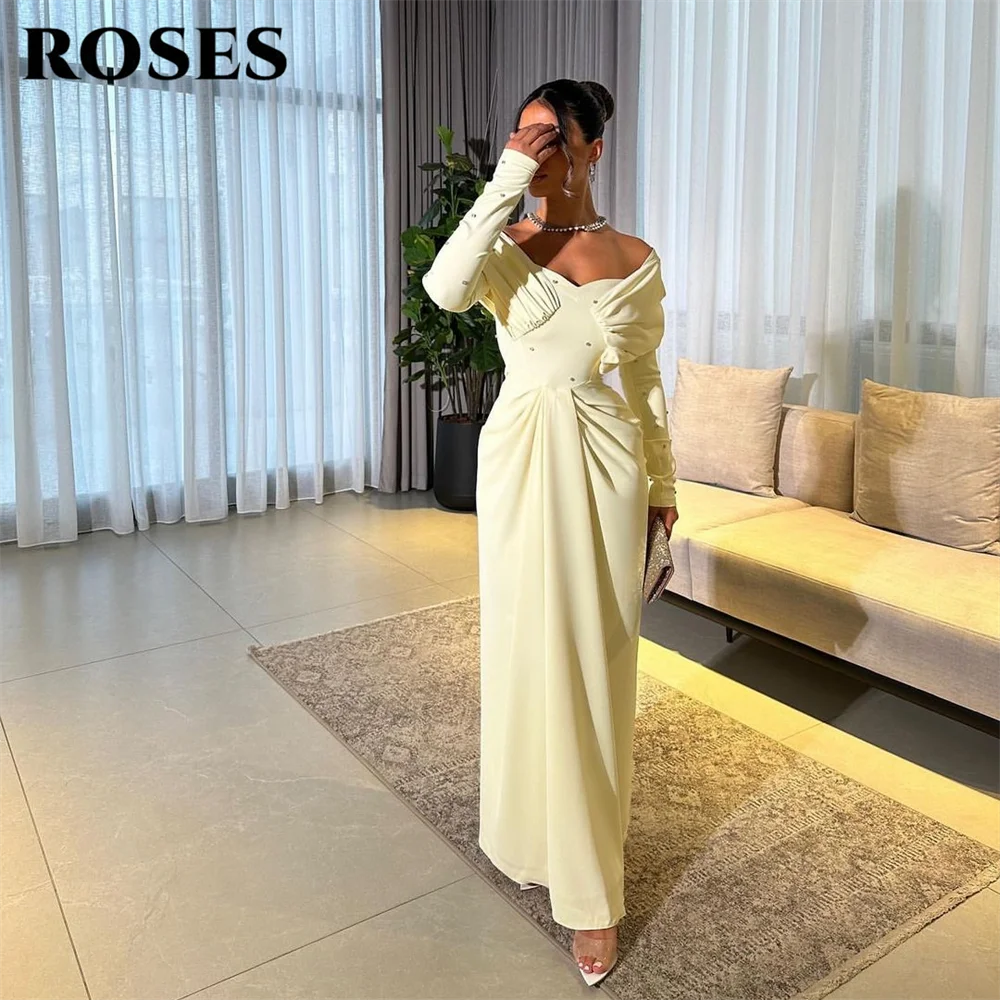 ROSES Light Yellow Evening Dresses Off the Shoulder Long Sleeves Party Dress with Ruched and Rhinestones Prom Gown Customized