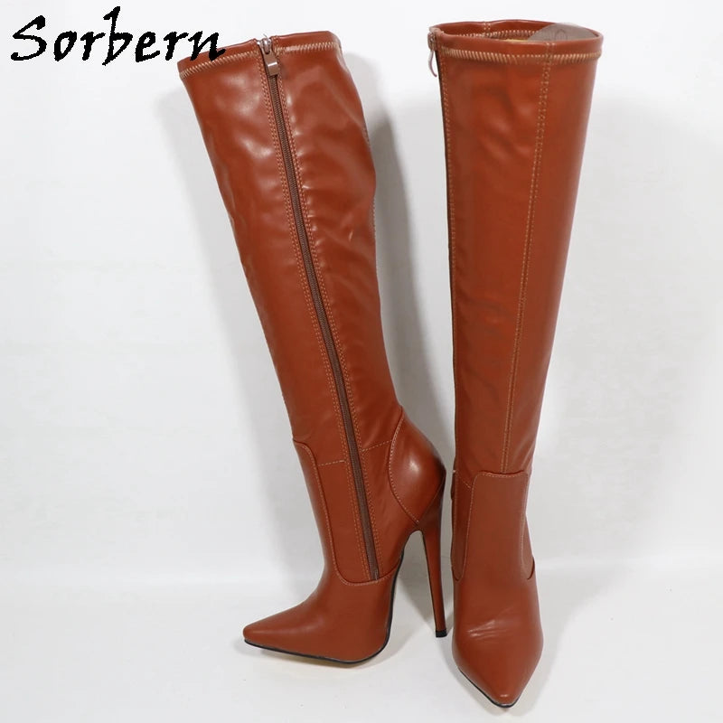 Sorbern Black Knee High Boots For Women 18Cm High Heel Stilettos Pointed Toe Custom Streched Matte Black Shoes