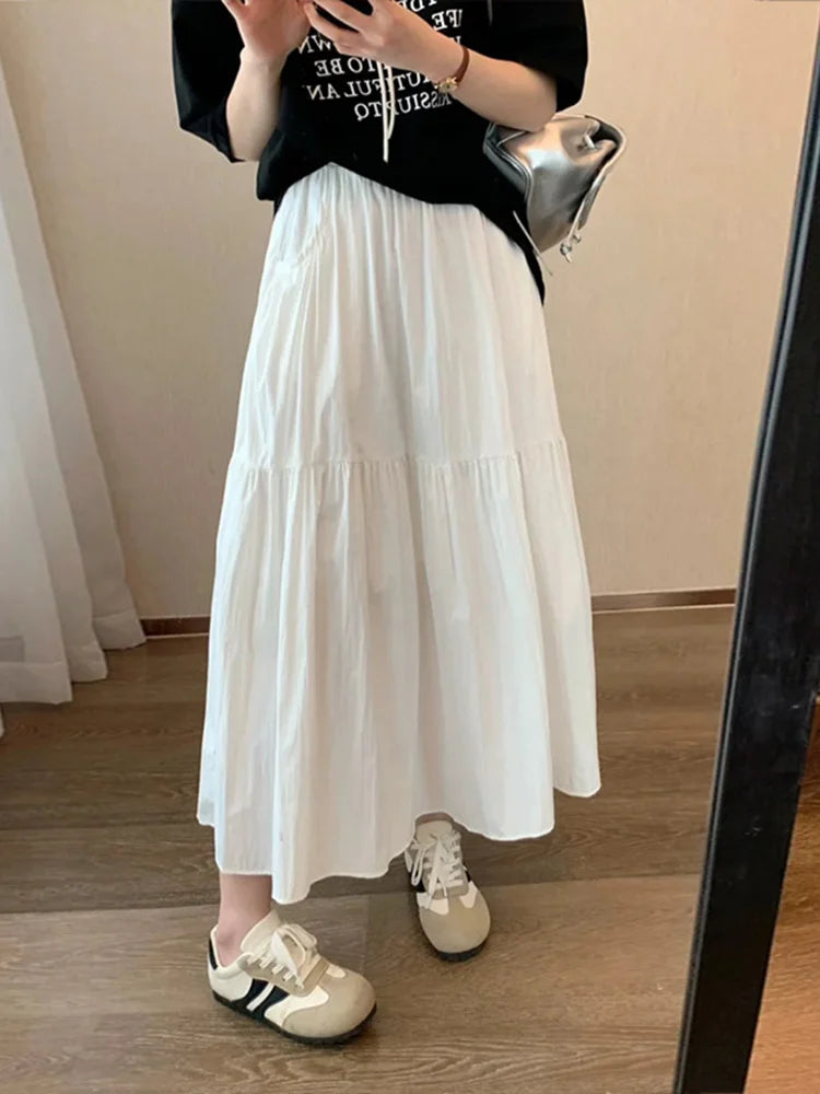White Long Cake Skirt Women Summer Loose Yellow Skirts Ruffles Female High Waist Lazy Cake Midi Skirts With Pockets A Line Pink