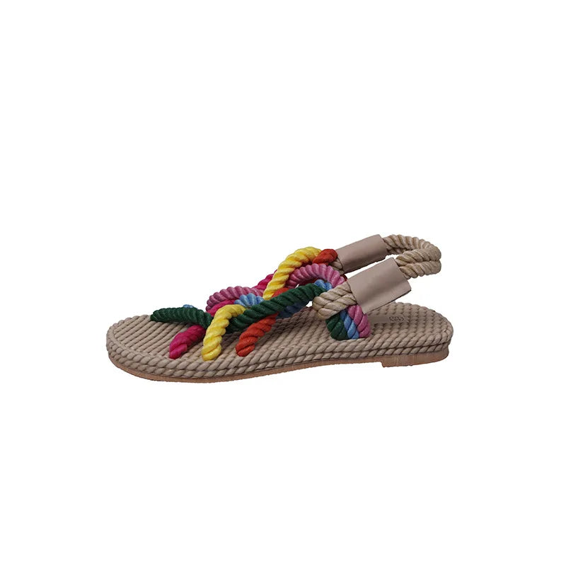 2025 Summer Women's Hemp Rope Woven Sandals Roman Rainbow Color Bohemian Straw Flat Sandal Casual Slip on Beach Shoes for Women