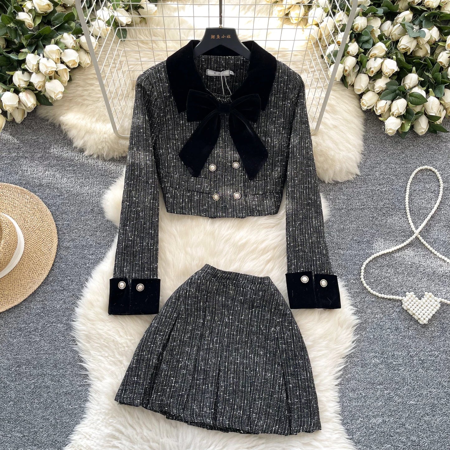 High Waist Midi Skirt And Coat Set for Women in Tweed Material with Long Sves And Bow Design Vintage And Faionable