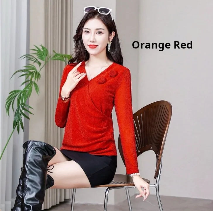 Women's Clothing Autumn Sexy V Neck 3D Flower Ruched Elegant Basic T-shirts Fashion Bright Silk Long Sleeve Slim Pullover Tops