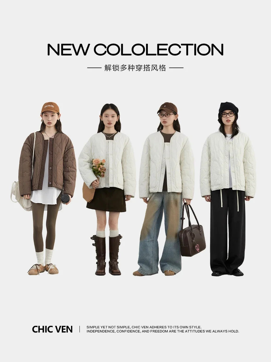 CHIC VEN Fashion Women Jackets Solid Single Breasted Loose Casual Parkas New Round Neck Female Quilted Coat Autumn Winter 2024