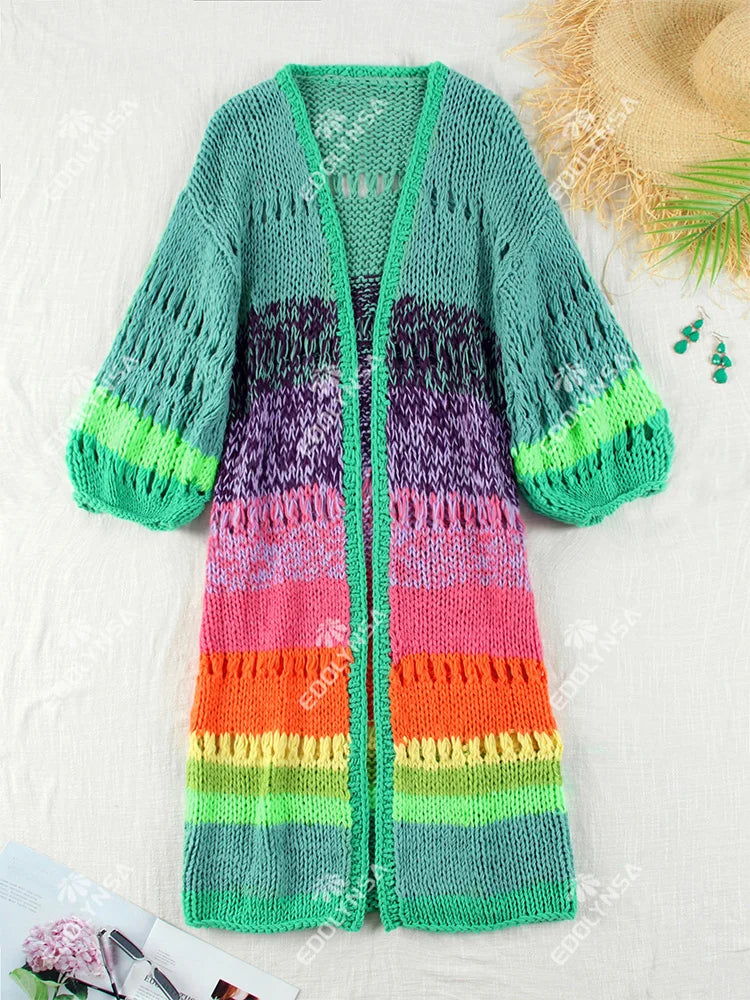 Boho Colorful Luxuriously Handknit Bell Sleeve Crochet Loose Kimono Cardigan 2024 Women Fall Winter Coat Beach Coverup Dress K12