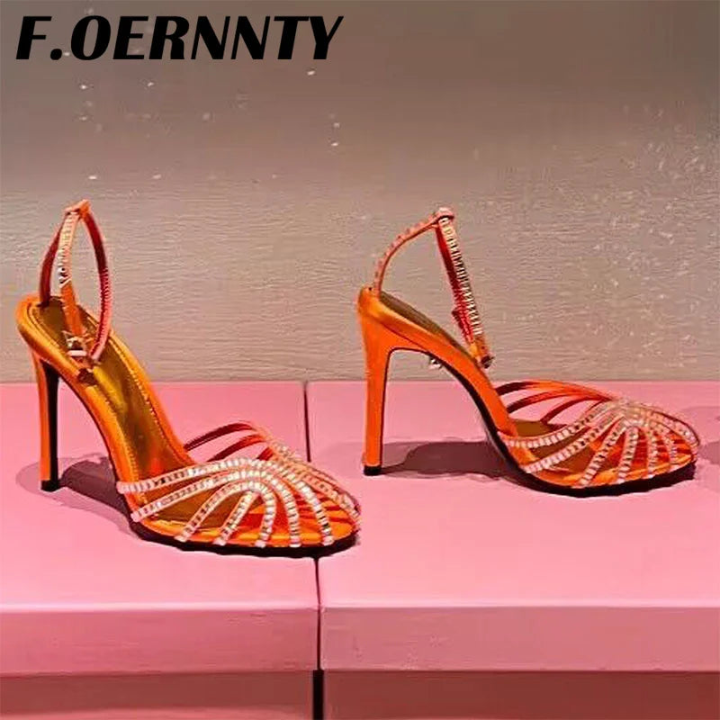 Summer New Rhinestone Closed Toe Runway Sandals Women Weave Hollow Stiletto Sandals Sexy Ankle Strap Crystal Sandals Women