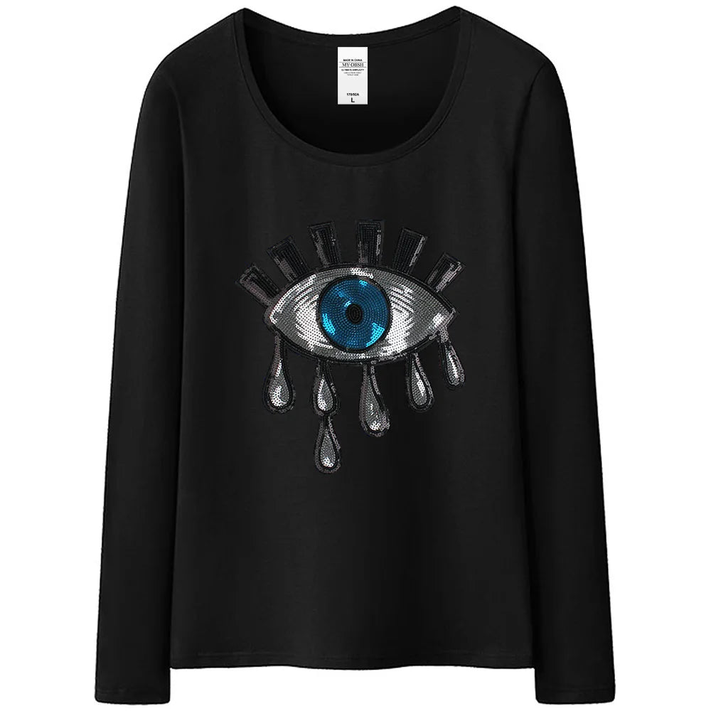 New Summer Women Cotton Tears T Shirts Ladies Big Eyes Embroidery Sequins T-shirt Loose Style Casual Tshirt Women Casual Tops