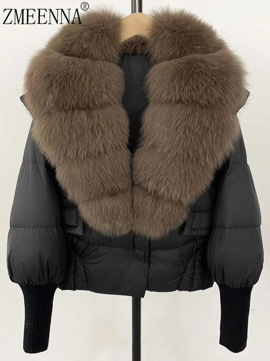 ZMEENNA Women's Black Puffer Down Jacket With Large Real Fur Collar Short Warm Winter Coat Knit Cuffs Elegant Outerwear ZM3377