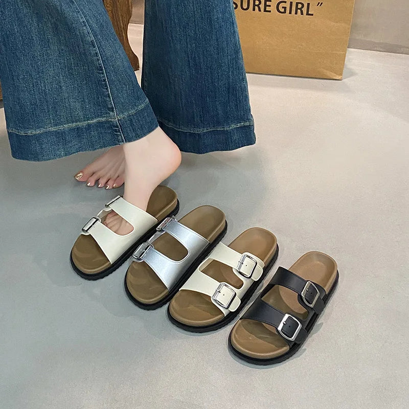 2025 New Style Summer Woman Elegant Fashionable Slippers Metal Buckles Comfortable High Quality Sandals Women's Shoes