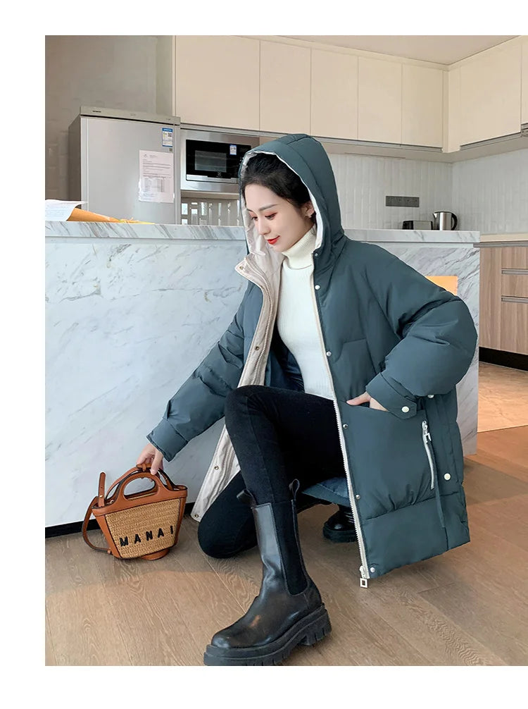 Winter women Solid Cotton Coat Removable Collar Pockets Decoration Warm Windbreak Loose Thick Casual Ladies Jacket High Quality