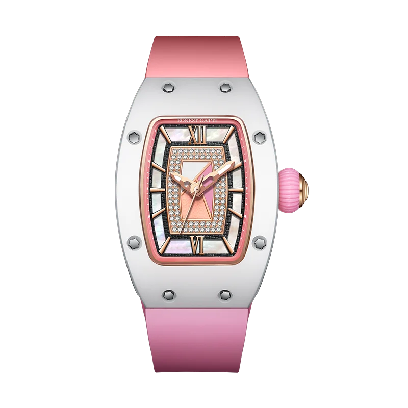BONEST GATTI Automatic Watch Luxury Lady Watches Tonneau Mechanical Wristwatch Rubber Strap Butterfly Clasp Watches For Women