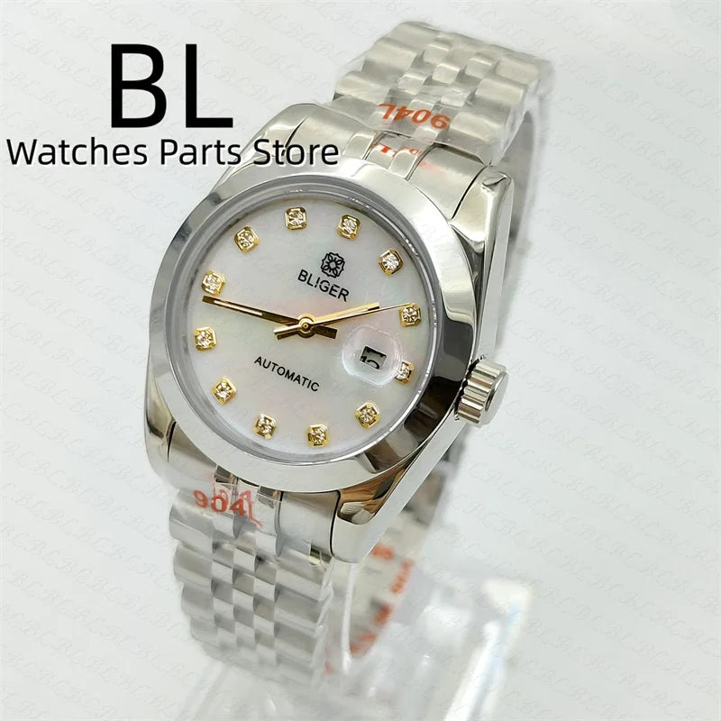 BLIGER 31mm NH05 Automatic Watch For Women Pink Gold Gray Purple Sunburst White Mother Pearl Dial Diamond Index Steel Bracelet