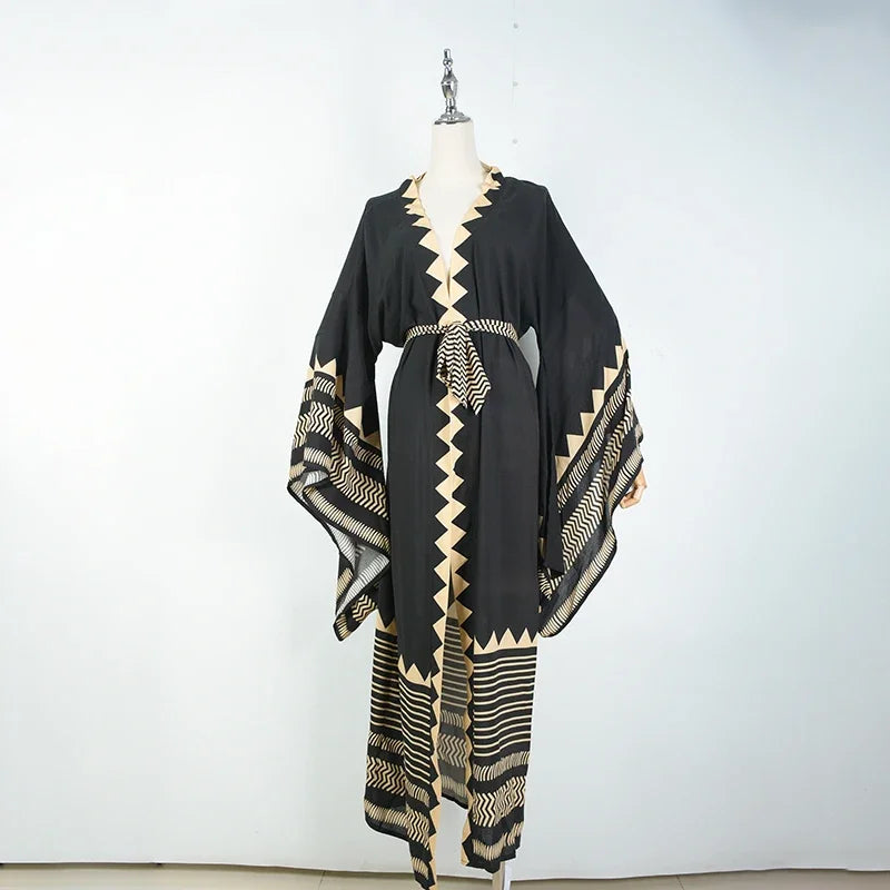 Over Size Kaftan Beach Deep V Neck Women Bohemian Dress Black Long Maxi Chiffon Cover Up 2022 Print Beachwear Summer Dress Robe