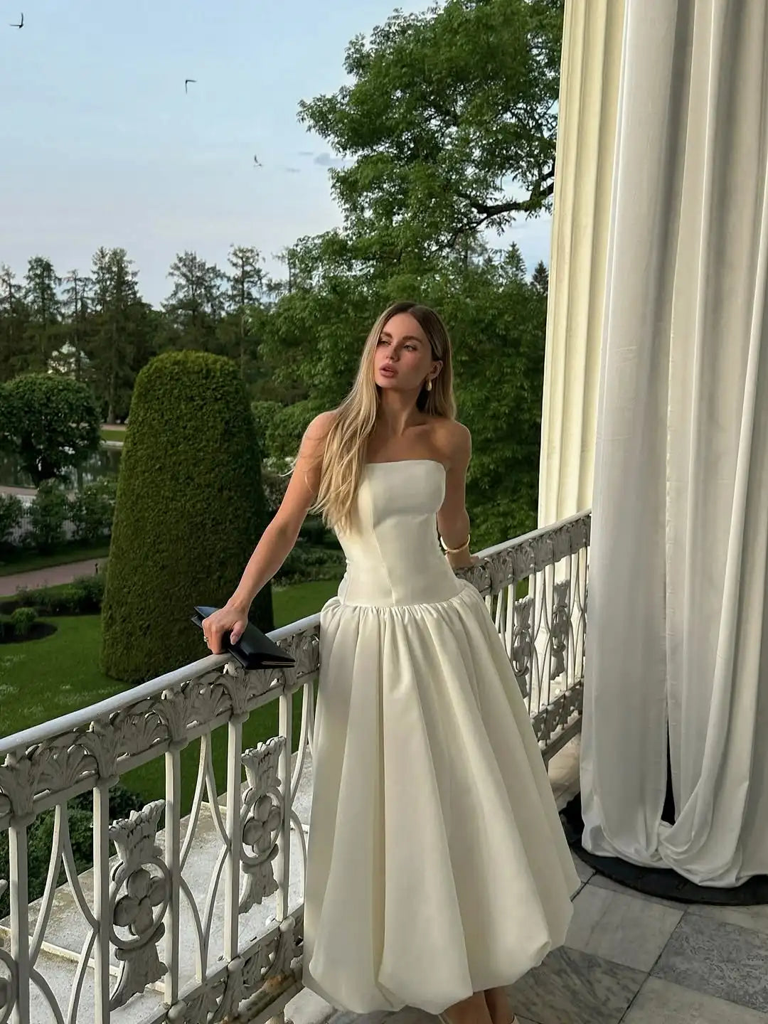 Elegant Solid Strapless A-line Bud Midi Dresses Women Chic Sleeveless High Waist Pleated Long Dress Summer Lady New Party Robes