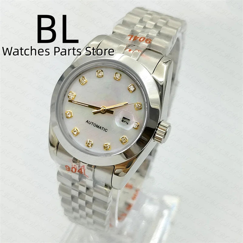 BLIGER 31mm NH05 Automatic Watch For Women Pink Gold Gray Purple Sunburst White Mother Pearl Dial Diamond Index Steel Bracelet