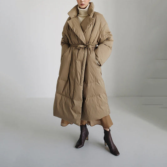 Winter New Stand Collar Long Down Jackets Loose Belt Long Sleeve Warm Coat Fashion Solid Cotton Padded Warm Down Overcoat Women