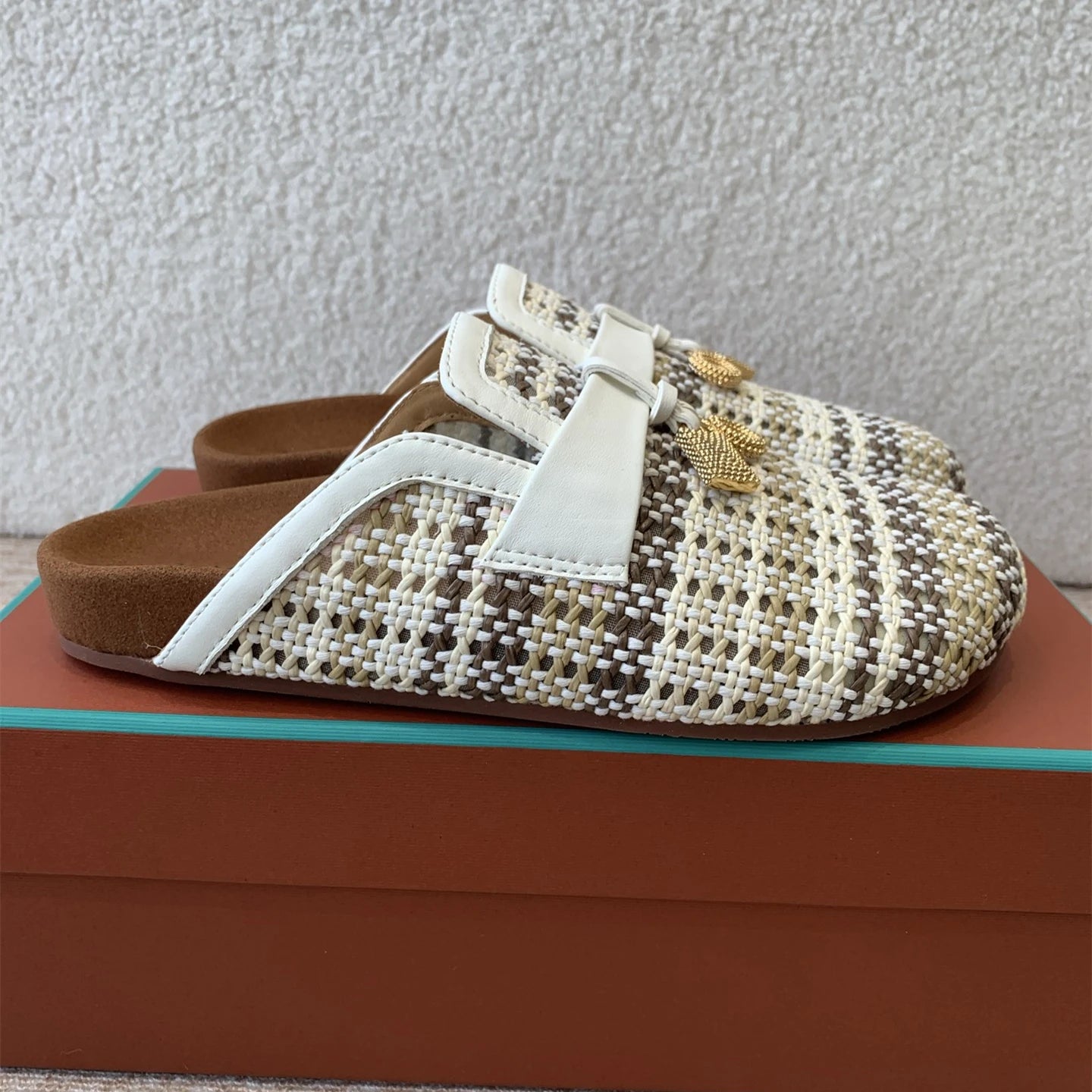 Spring Summer Women Slippers Fashion Weaving Genuine Leather Slippers Round Toe Mules Runway Outfit Slides Flats Shoes Woman 41