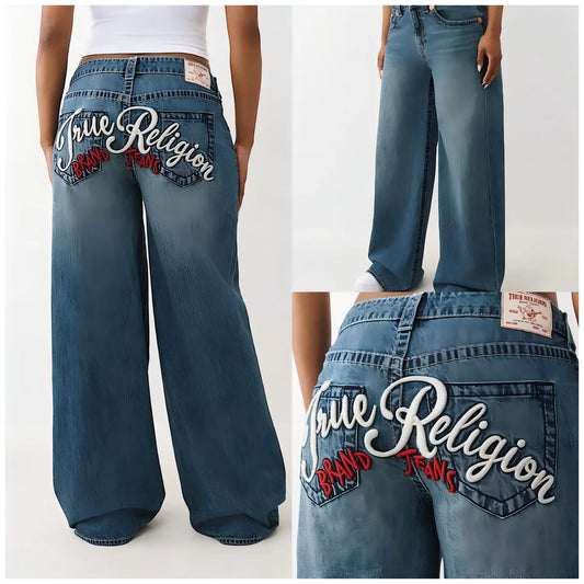 Popular Harajuku Buddha Brand Embroidery Heavy Industry Embroidery Jeans for Women's Autumn Simple Blue Wash Straight Pants