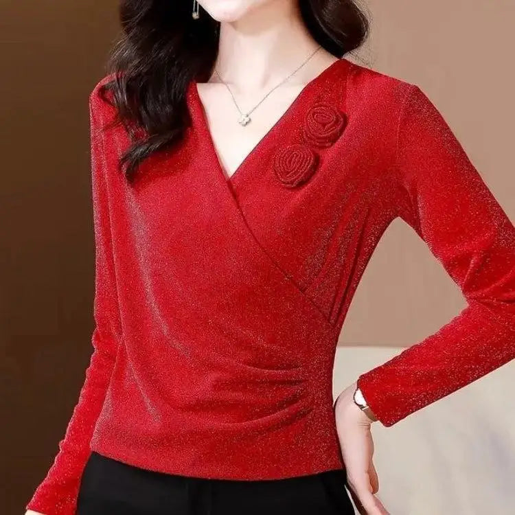 Women's Clothing Autumn Sexy V Neck 3D Flower Ruched Elegant Basic T-shirts Fashion Bright Silk Long Sleeve Slim Pullover Tops