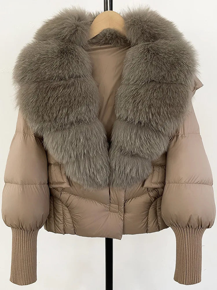 ZMEENNA Women's Black Puffer Down Jacket With Large Real Fur Collar Short Warm Winter Coat Knit Cuffs Elegant Outerwear ZM3377