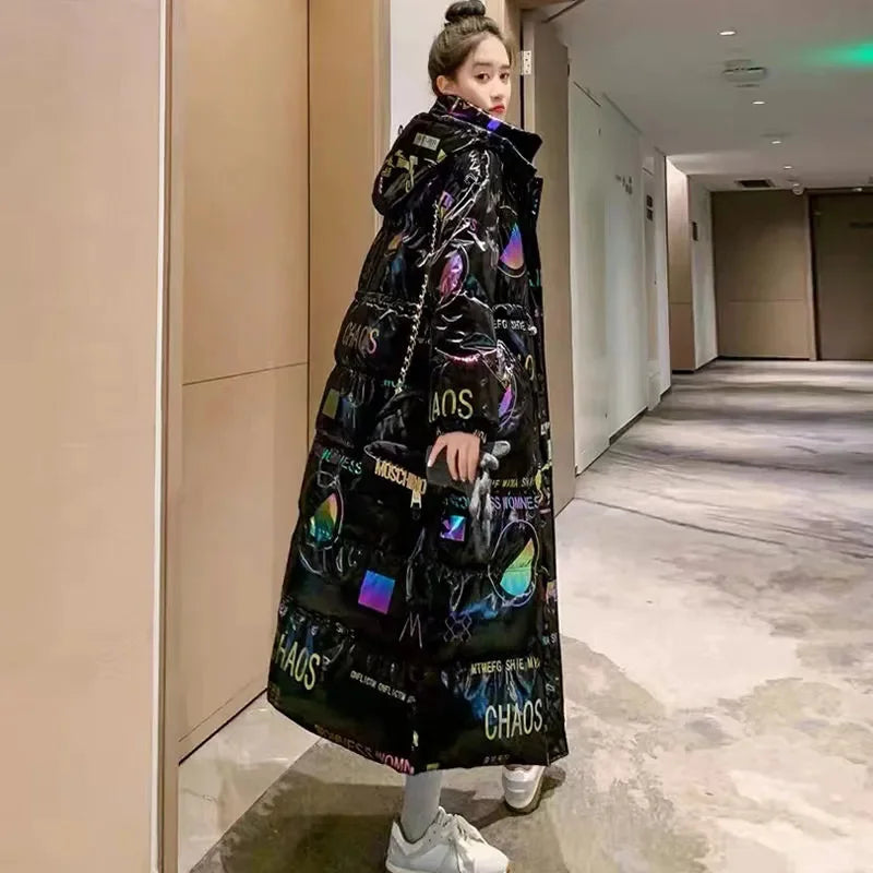 New Glossy Print Down cotton Jacket for women Winter 2025 Loose Thick Women Hooded Parka Coat Windproof Rainproof Long Overcoat