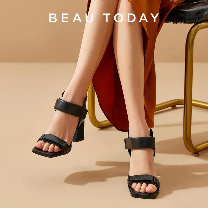 BEAUTODAY High Heel Sandals Women Cow Leather Hook Loop Design Square Toe Elegant Ladies Party Wedding Shoes Handmade 31274