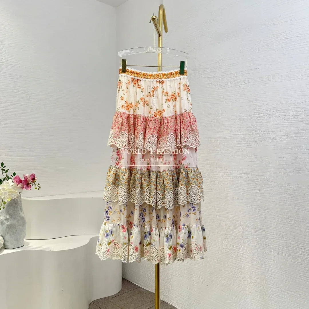 2025 New Fashion Pink/ White Floral Print Embroidery Cascading Layered Ruffles Frilled Midi Skirt