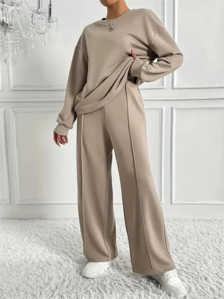 Two-piece Set For Woman Casual O-neck Long Sleeves Sweatshirt Wide-leg Pants Suits Autumn Winter Ladies Fashion Office Outfit