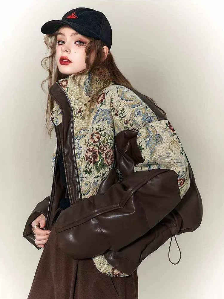 Winter Vintage Jacket Coat Women's Winter Waterproof Embroidered Jacquard Jacket Down Thick Warm Outerwear PU Leather Parka