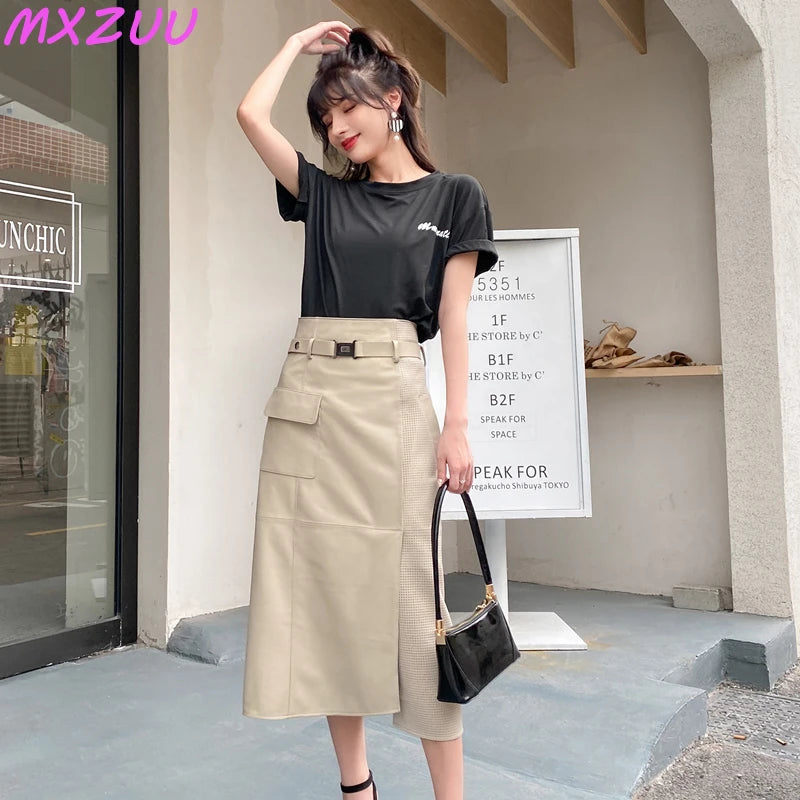 Women Clothes 2025 Spring Genuine Leather Falda Midi Mujer Sheepskin Beige High Waist A-line Maxi Skirt Front Slit Korean Style