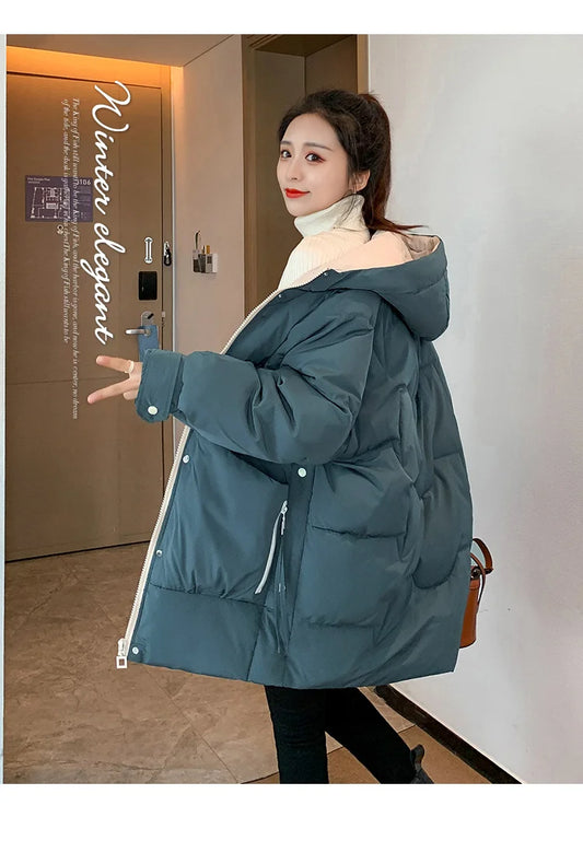 Winter women Solid Cotton Coat Removable Collar Pockets Decoration Warm Windbreak Loose Thick Casual Ladies Jacket High Quality
