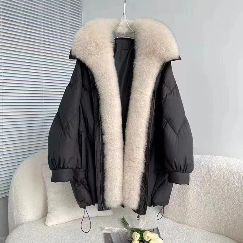 New Autumn Winter Fur Collar Down Jacket Female Loose Width Fur Goose Down Down Jacket For Women Mid Length Winter Parker Coat