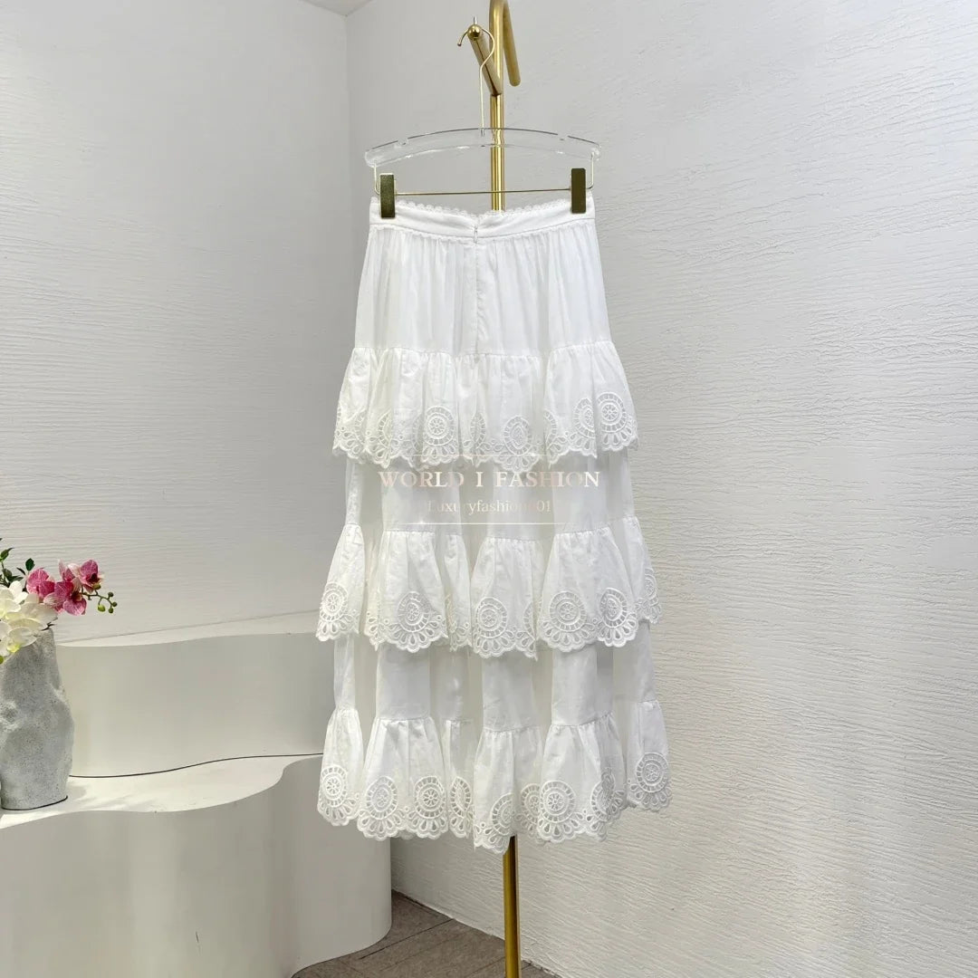 2025 New Fashion Pink/ White Floral Print Embroidery Cascading Layered Ruffles Frilled Midi Skirt